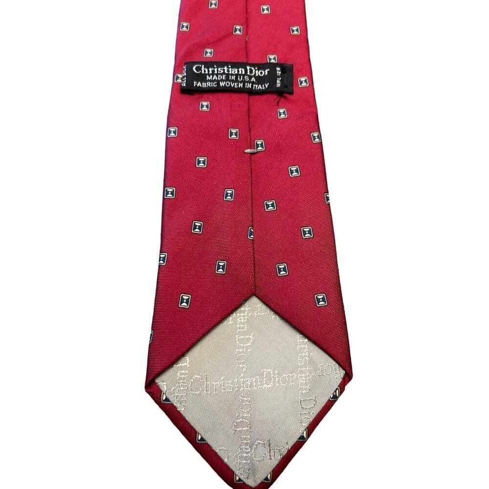 Christian Dior Men's Silk Tie Red Geometric Pattern Made In Italy